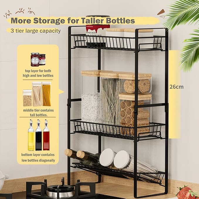 Spice Rack Countertop 3 Tier Narrow Slim Seasoning Storage Rack Metal Spice Shelf Stand Skincare Organiser for Bathroom Counter