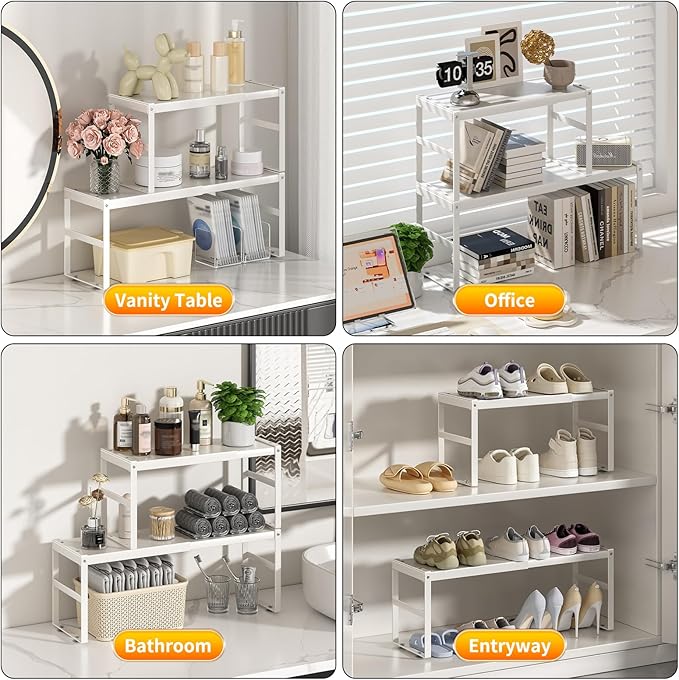 Expandable Cabinet Organizer, Metal Pantry Organizer Spice Rack Storage Shelves for RV,Kitchen, Pantry, Cupboards, Under Sink and Counter Storage,Office,Adjustable Shelf,White Large