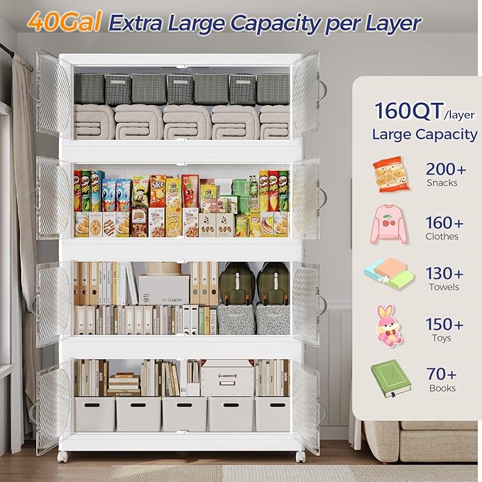 960QT Extra Large Stackable Storage Bins with Lid, 240Gal Plastic Closet Organizers and Storage Drawer, Collapsible Cabinet Box with Wheels Clear Doors for Home Kitchen Office, 6Pack White