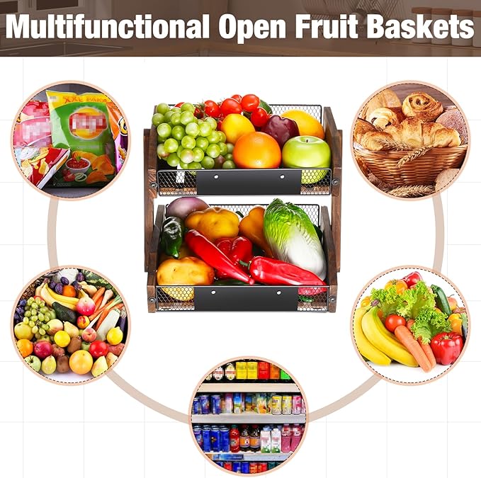 2 Tier Fruit Basket for Kitchen Counter Organizer with Banana Hangers Wooden Fruit Basket Kitchen Counter Storage Holder for Onion Potato Bread Vegetable Organize(11.8 x 9.1 x 10.6 Inches)