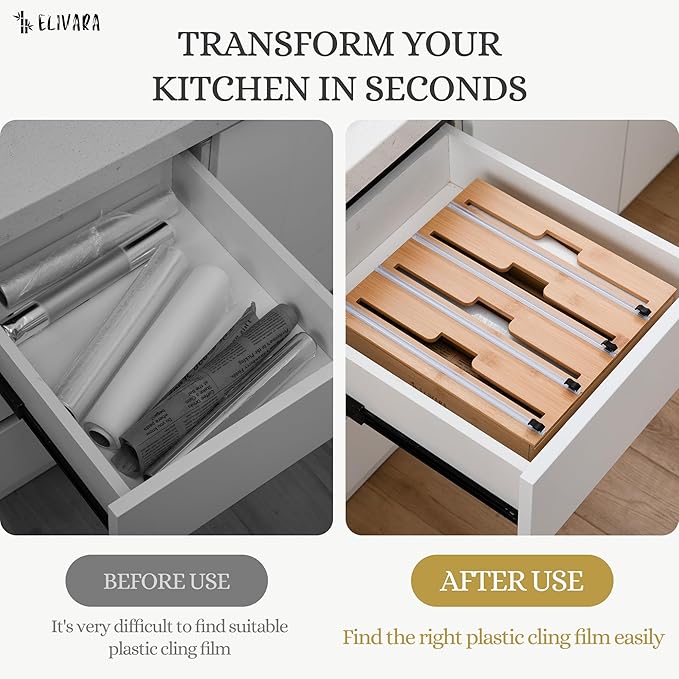 4-in-1 Bamboo Wrap Organizer with Cutter – Holds Plastic Wrap, Foil, Parchment & Paper Towels – Drawer or Countertop Use – Durable Bamboo Dispenser with Labels