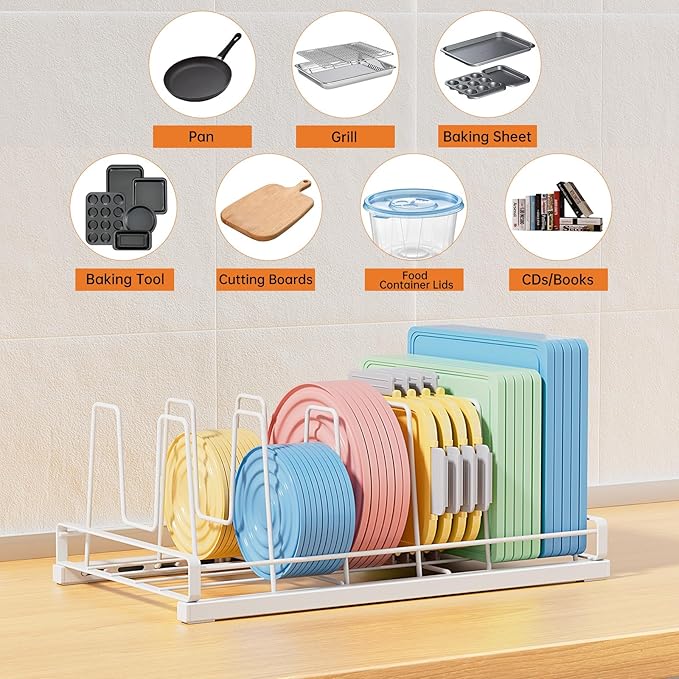 Food Container Lid Organizer for Cabinet,with 6 Adjustable Dividers Detachable,Metal Pot Lid Organizer Rack Storage Plastic Lids Pots Bakeware for Cabinets, Cupboards,Pantry, Drawers (White)