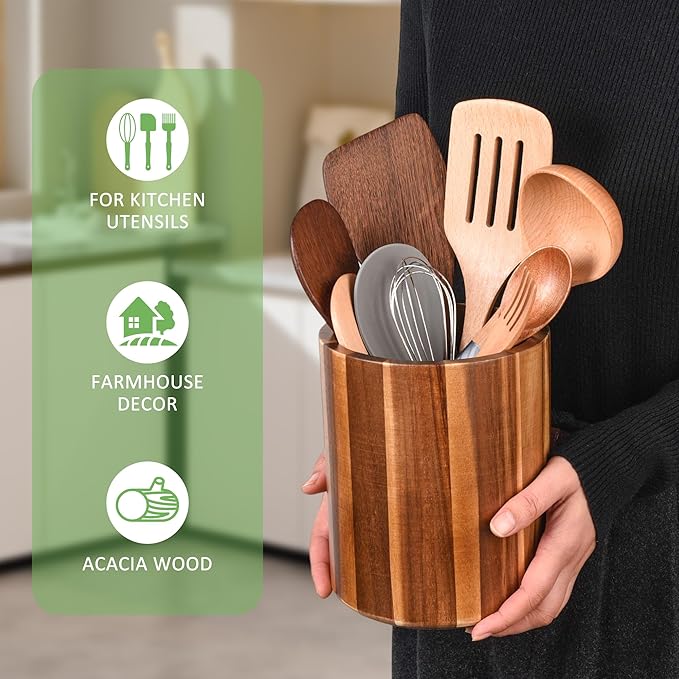 Acacia Wood Utensil Holder with Curved Comfort Base - 360° Rotating 7.2" Countertop Organizer, Utensil Crock for Kitchen Counter & Farmhouse Decor
