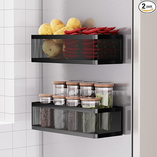 2-Pack Magnetic Spice Rack for Refrigerator, Magnetic Shelf with Tall Guardrails to Prevent Falling - Strong Magnet Organizer for Kitchen, Pantry, Cabinet & Laundry Room (Black)