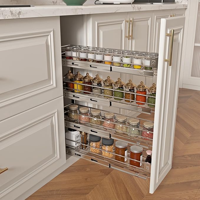 4-Tier 8" W x 21" D Narrow Pull Out Cabinet Organizer, Roll out Spice Rack Holder Shelve, Slide Out Slim Storage Wire Baskets for Storage Organization