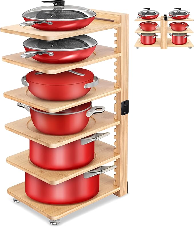 Pot and Pan Organizer under Cabinet - Collapsible Wood Pot Organizers inside Cabinet for Heavy Duty - 6-Tier Adjustable Pan Pack - Perfect to Store Pots/Pans/Lids