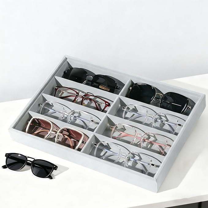Glasses Holder Box Drawer Sunglass Organizer for Men Clear Wide Storage Case 8 Slots Multiple Reading Glasses Display, Gray Velvet