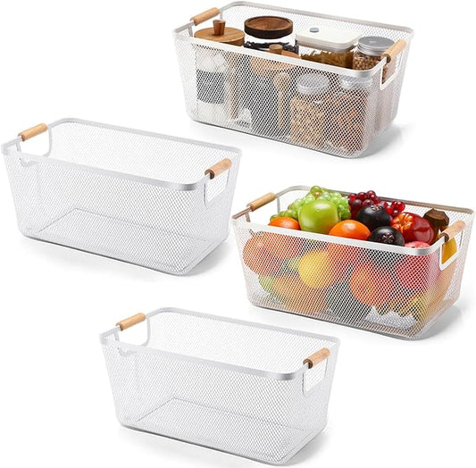 4 Pcs Metal Wire Basket with Wooden Handles Mesh Steel Storage Organizer Bin Containers for Home Cabinet Pantry Closet Kitchen Fridge Fruit Makeup Snacks Gifts(Extra Large,Cream White)