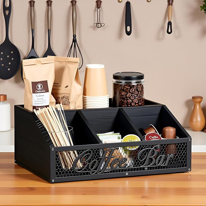 Coffee Station Organizer for Countertop, Wood Coffee Bar Organizer, Coffee Pods Holder Storage Box, Rustic Bar Accessories for Decor, Syrup and Tea Condiment (Black)