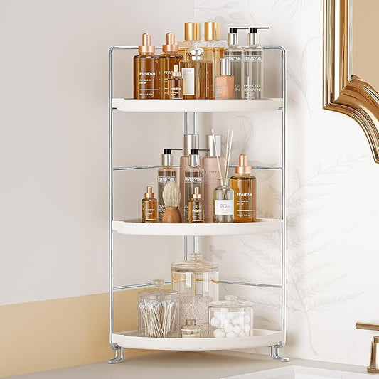 FSyueyun 3-Tier Bathroom Corner Shelf Organizer Countertop, Kitchen Spice Rack Vanity Tray Perfume Makeup Organizer Cosmetic Storage Tray Standing Shelf (Sliver)