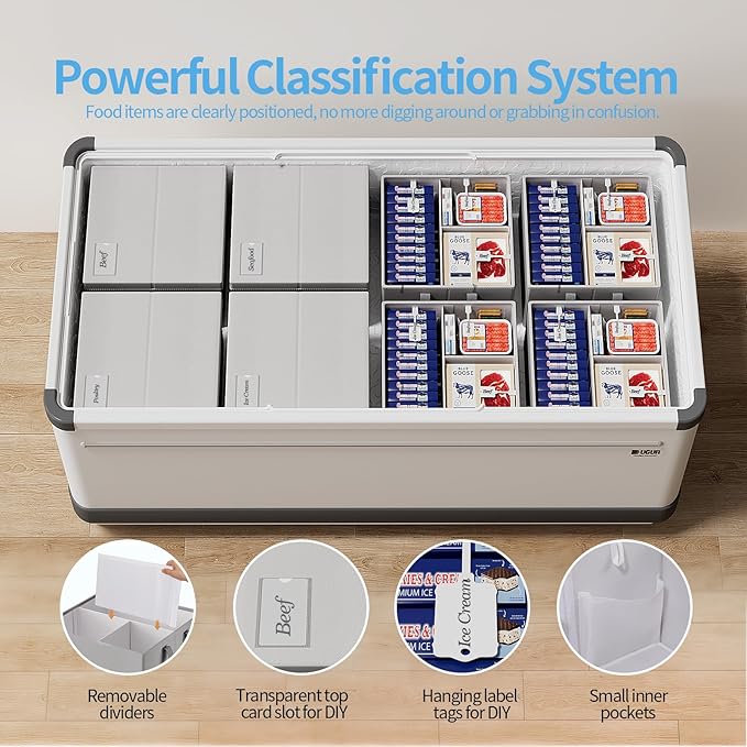 Housolution 2 Pack Freezer Organizer Bins, Collapsible Deep Chest Freezer Organizer Bins with Removable Dividers, Label Pockets, Waterproof Freezer Storage Bins with Portable Handle (14"x14"x9")