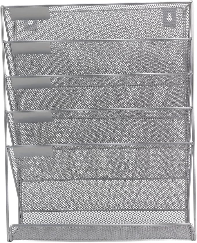5 Tier Wall File Organizer with Hooks, Wall Mounted File Holder, Vertical Placement Iron Mesh Storage Rack with Label Panels, Easy Installation for Office Home Silver