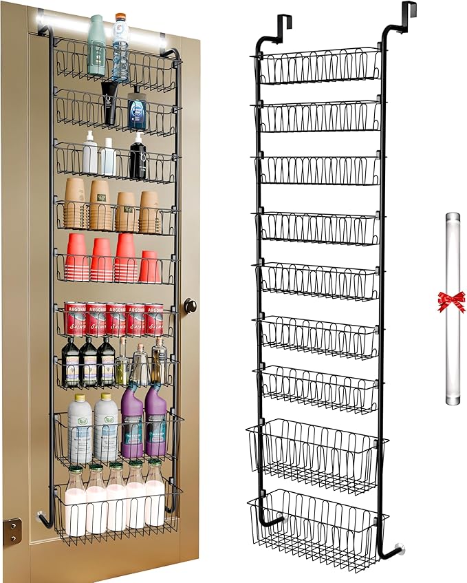 Over Door Organizer Storage - 9 Tier Black Metal Over The Door Pantry Organizer Heavy Duty Hanging Storage Rack, Behind Cabinet Shelves for Home, Kitchen, Bathroom, Closet, Pantry