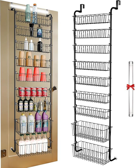 Over Door Organizer Storage - 9 Tier Black Metal Over The Door Pantry Organizer Heavy Duty Hanging Storage Rack, Behind Cabinet Shelves for Home, Kitchen, Bathroom, Closet, Pantry