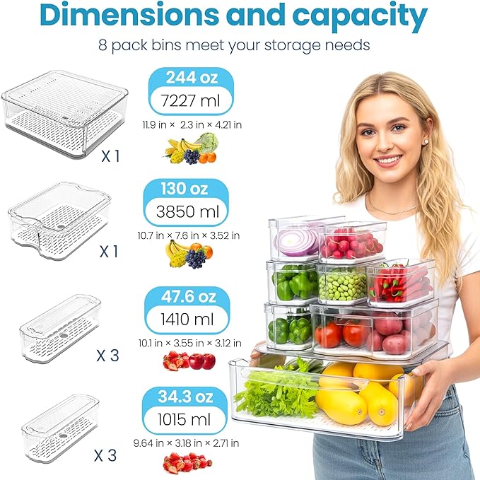 8 Pack Refrigerator Organizers, Clear Pull-out Drawer Container and Organizer Bins with Lids, Stackable Storage Containers for Fruits, Vegetable (Set of 8 (Include Pull-out Drawer))