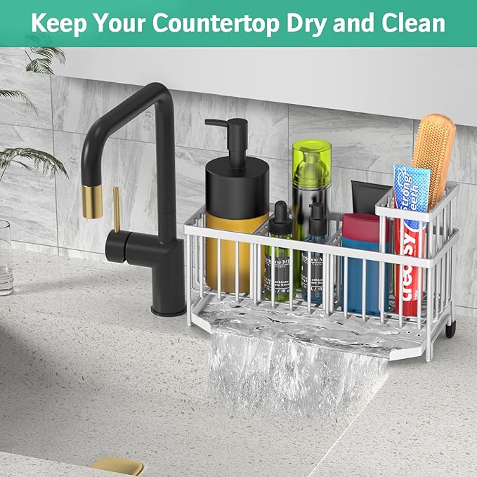 TomCare Sponge Holder for Kitchen Sink 11'' Large Sink Organizer Caddy with Drain Tray Brush Holder Rustproof with 2 Adjustable Dividers Durable Kitchen Storage Accessories for Counter, Silver Grey