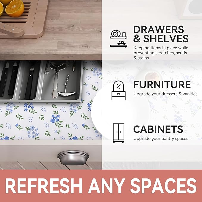 RAY STAR Shelf Liner, 18 Inch x 8 Feet Non Adhesive Blue Floral Kitchen Cabinet Liner for Pantry Drawer Vanity, Strong Grip Non Slip Waterproof, Shelf Liners for Kitchen Cabinets Cupboard
