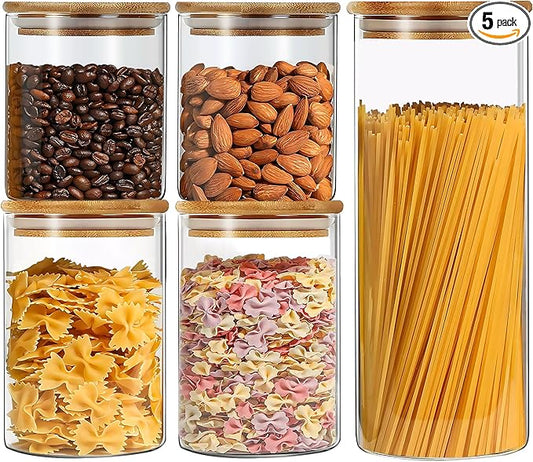 Glass Food Storage Jars Set of 5 with Bamboo Lid Airtight Glass Storage Canister, Cylindrical Kitchen Clear Food Storage Container Jar, for Pasta, Coffee, Cookies, Nuts, Cereal, Oats, Flour