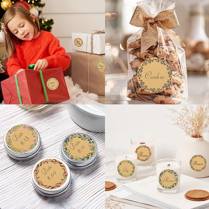 400Pcs Canning jar Labels,2 inch Kraft Paper Mason jar Labels,Christmas Gift Labels Tags Stickers,5 Design of Floral Wreath,Spice Labels Stickers for Storage Organizing Tags Envelop Seal
