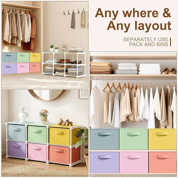 Thyle Large Cube Storage Organizer Shelf with 6 Bins 14 Inch Fabric Collapsible Cubby Storage Drawers Shelving Unit for Christmas Ornaments Clothes Toys Craft(Pastel,Colorful)