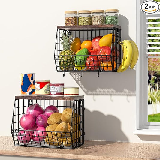 2 Tier Fruit Bowl Fruit Basket for Kitchen Counter Stackable Wall Mounted Hanging Basket Wire Baskets with Wood Lid with 4 Banana Hanger Hooks, Onion Basket, Fruit and Vegetable Storage