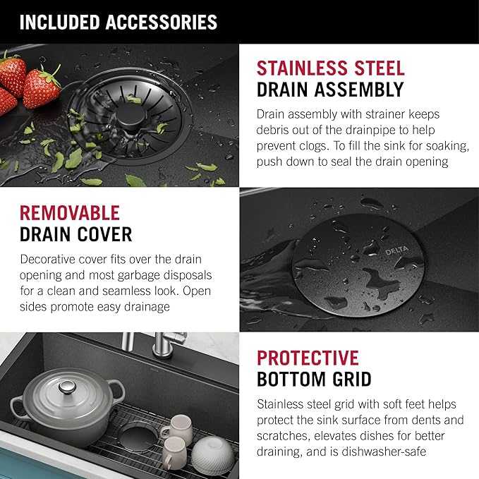 Delta Faucet Delta Rivet 25 Inch Black Stainless Steel Drop-in Top Mount 16 Gauge Workstation Kitchen Sink Single Bowl in PVD Gunmetal Finish with WorkFlow Ledge and Accessories, 95A9031-T25S-GS