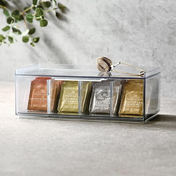 iDesign Stackable 4-Section Tea Storage Drawers - Tea Bag Organizers for Cabinet or Countertop - Set of 4 - Clear