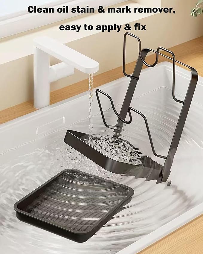 Kitchen Pot Lid Storage Rack, Pot Lid Holder with Tray, Lid Holder While Cooking, Lid and Spoon Rest, Multifunctional Kitchen Organizer Stand, No More Pools of Gross Water (Grey-Double layer)