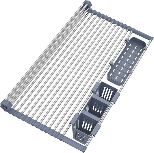 Extra Large Expandable Roll Up Dish Drying Rack Up to 22.8''with 2 Storage Baskets,Over The Sink Kitchen Rolling up Dish Drainer Dish Drying Rack in Sink, Foldable,Rollable,for Kitchen Dishes,Fruits