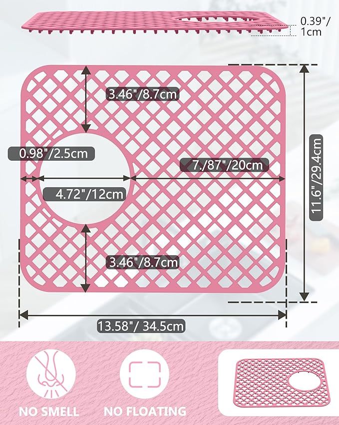 BEHOK 2 Pack Silicone Sink Protectors for Kitchen Sink, Lozenge Pattern 13 x 11 Inches Sink Mat, Non-Slip and Durable Sink Protector Silicone, Rear Drain, Pink