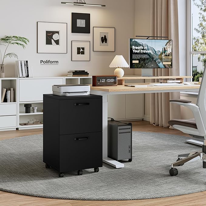 Sweetcrispy 2 Drawer Filing Cabinet Black, Rolling Wood File Cabinets with Printer Stand Under Desk Storage Lockable Wheels, Home Office Organizer for A4 Letter Legal Size Documents