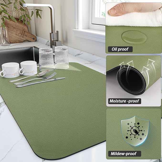 Dish Drying Mat for Kitchen Counter, Heat Resistant Drainer Mats with Non-slip Rubber Backed, Hide Stain Kitchen Super Absorbent Draining Mat, Easy to Clean Dish Rack Pad, Green 16"x18"