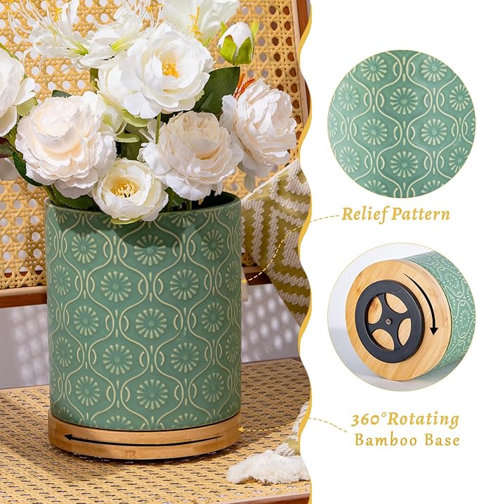 TEATALK Utensil Holder Set of 2, 7.7"+5.7" Ceramic Kitchen Utensil Holder for Countertop, Farmhouse Vintage Utensil Crock for Cooking Utensils, Large Utensil Organizer (Green)