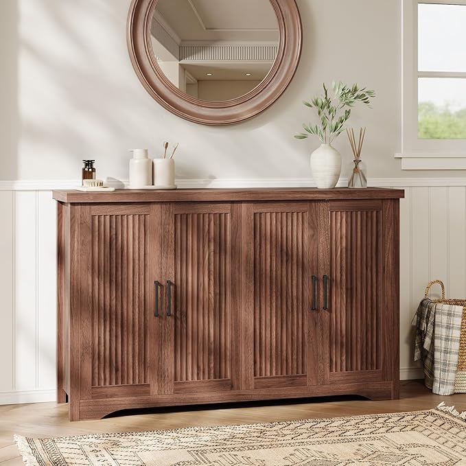Fluted Buffet Cabinet with Storage Accent Sideboard,Modern Credenza with 4 Doors & Adjustable Shelves,Wood Coffee Bar Table Console for Dining Room Kitchen Living Room Entryway, Walnut