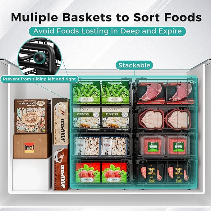 OPENICE Deep Freezer Organizer Bins, Expandable from 11.0" to 17.0" Stackable Freezer Baskets for Chest Freezer with 5 Tags, Bins for Chest Freezer Organization - 4 PCS, Black