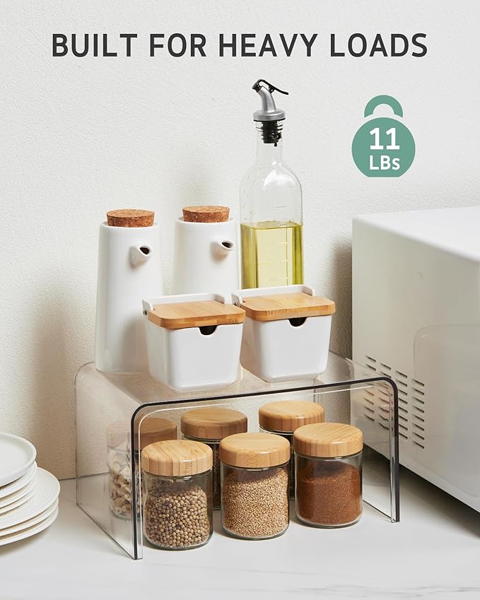 Syntus Cabinet Shelf Organizer, 4 Pack Spice Organization for Cabinet, Seasoning, Plate Organizer Shelf Riser, Clear