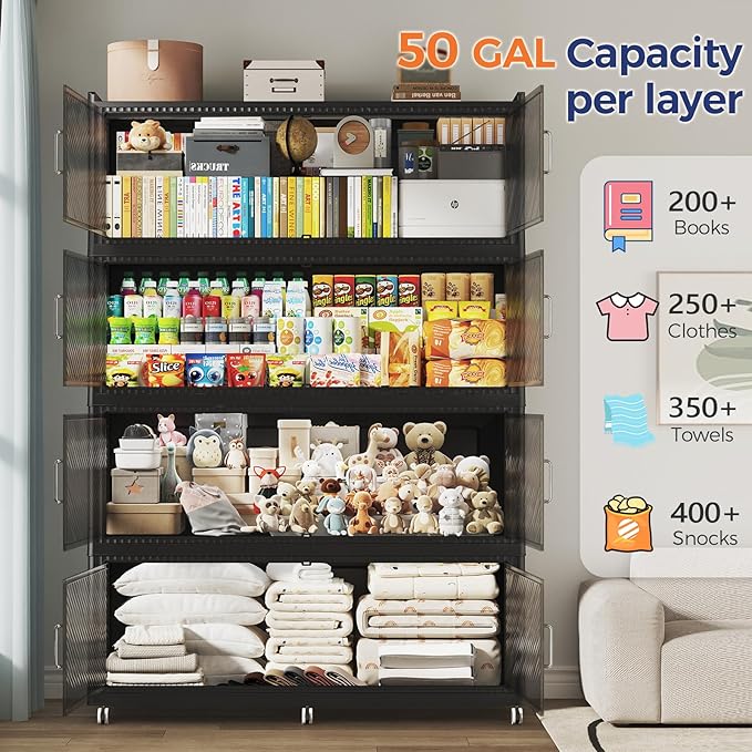 Fangtueh 150 Gallon Extra Large Collapsible Storage Bin with Lid, 960QT Stackable Plastic Organizer with 6x Wheels, Foldable Drawer Cabinet for Closet, Living Room Office, Kitchen 3Pack, Black