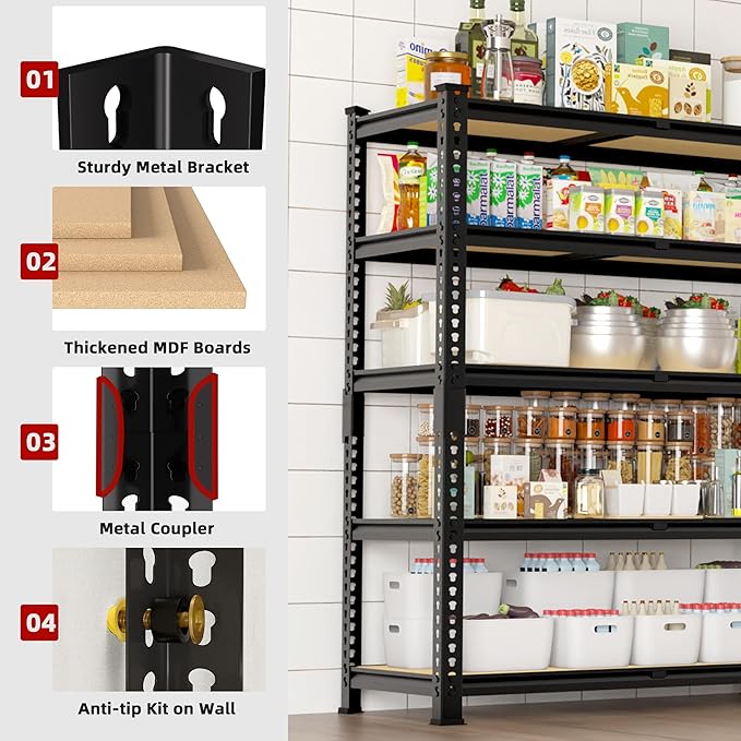 Heavy Duty Metal Storage Shelves - 35.5" W x 11.8" D x 72" H 5 Tier Adjustable Garage Shelving Unit, Industrial Utility Rack Shelf for Warehouse, Pantry, Kitchen, Black