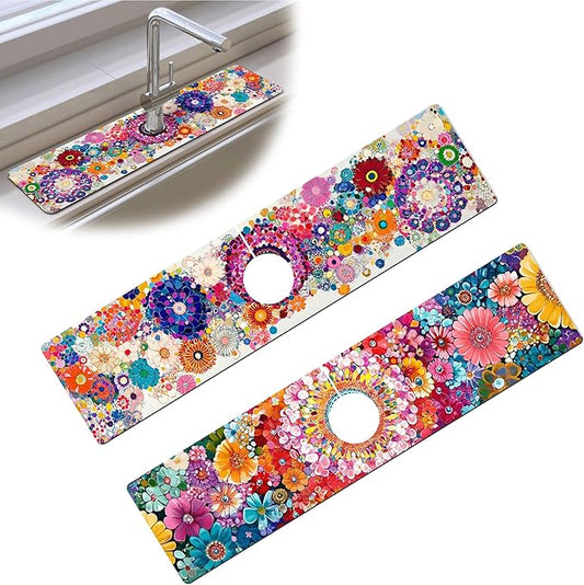 Bimkole 2 PCS Faucet Absorbent Mat, Kitchen Faucet Sink Splash Guard Wraparound Cloth Pads Drip Catcher for Sink Faucet for Kitchen Bathroom Faucet, Colorful Faucet Mat, 15 x 4 Inch Flower A3