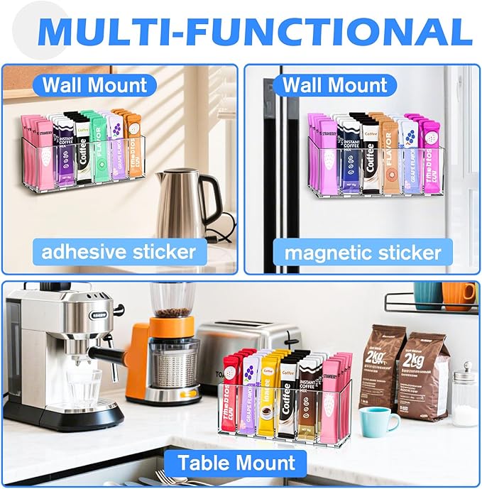 Drink Packet Organizer, Magnetic & Adhesive Water Packet Organizer with Removable Dividers & 6 Compartment for Kitchen Pantry Table Fridge Cabinet