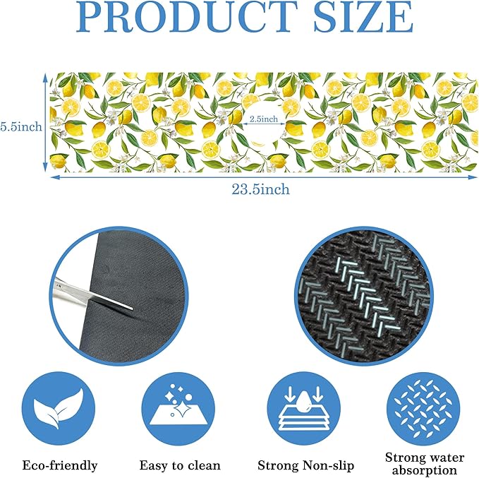 Lemon Fruit Faucet Mat Splash Guard Flower Leave Lemon, Soft Diatom Mud Material, Strong Water Absorption, Non-slip,Easy to Clean for Bathroom, Kitchen 23.5"X5.5"