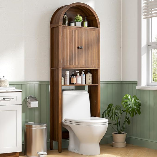 Arched Over The Toilet Storage Cabinet with Fluted Doors, 4 Tier Small Bathroom Shelf Organizer, Mid Century Modern Bathroom Cabinet with Adjustable Shelf, Slim Narrow Arch Toilet Rack, Walnut
