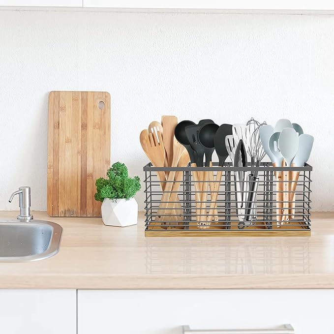 Suli Extra Large Kitchen Utensil Holder with 4 Compartments，Grey Metal holder with Wooden Base for Kitchen Countertop，Farmhouse Cooking Utensil Storage, Rustic Cooking Utensil
