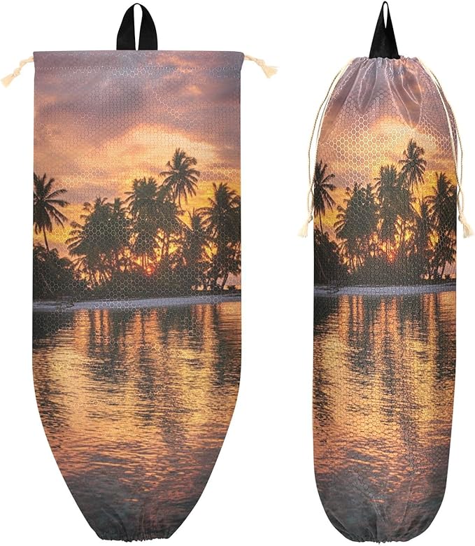 Plastic Bag Holder Wall Mount Grocery Bag Shopping Bag Storage Holder Organizer Dispenser with Adhesive Hook,for Kitchen Bathroom Home Decor 9x22 Inches Sunset Summer Palm Trees Island41