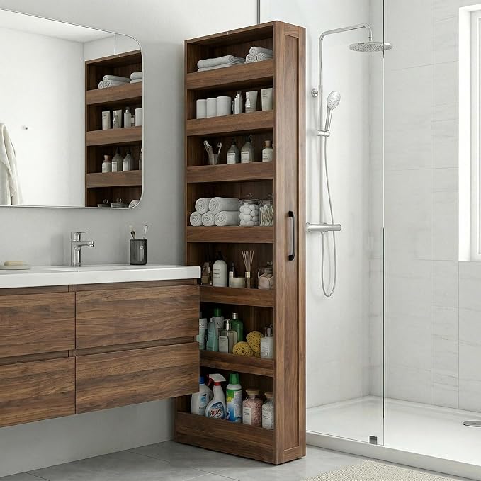 Slim Rolling Storage Cart, 7-Tier Pull-Out Spice Rack with Handle & Wheels, Narrow Kitchen Organizer for Next to Fridge, Pantry, Laundry Room, 7.87 Inch Wide Space Saver (Walnut, Hidden Wheels)