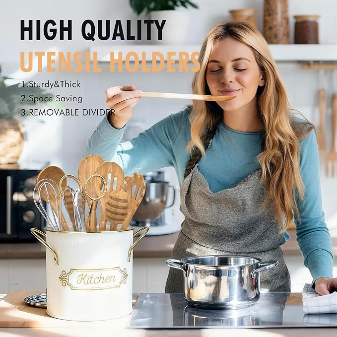 Kitchen Utensil Holder, 5.1" Metal Cooking Utensil Crock with with Removable Divider, Modern Farmhouse Kitchen Decor, Countertop Utensil Organizer for Spoons Cooking Tools