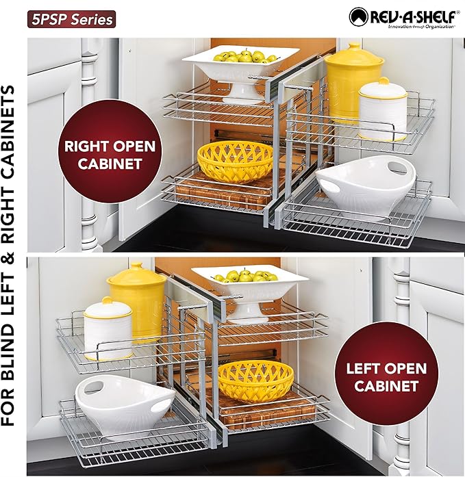 Rev-A-Shelf Chrome Two-Tier Wire Bottom Optimizer w/Soft-Close for 15" Blind Corner Cabinet Openings, Storage Organizer with 4 Shelves, 5PSP-15SC-CR
