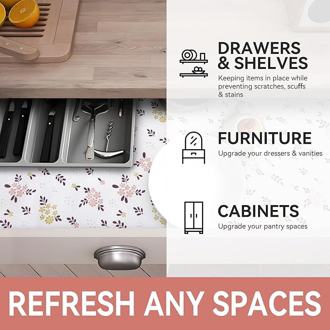 RAY STAR Shelf Liner, 12 Inch x 10 Feet Non Adhesive Blush Petals Floral Kitchen Cabinet Liner for Pantry Drawer Vanity, Strong Grip Non Slip Waterproof, Shelf Liners for Cupboard