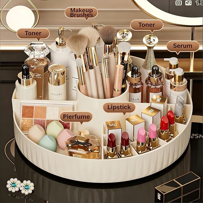 360° Rotate Makeup Organizer, Countertop Skincare Organizer, Large Capacity Multi-Compartment Makeup Brush Lipstick Skincare Organizer, Cosmetic Storage for Dresser Vanity & Bathroom (Beige)