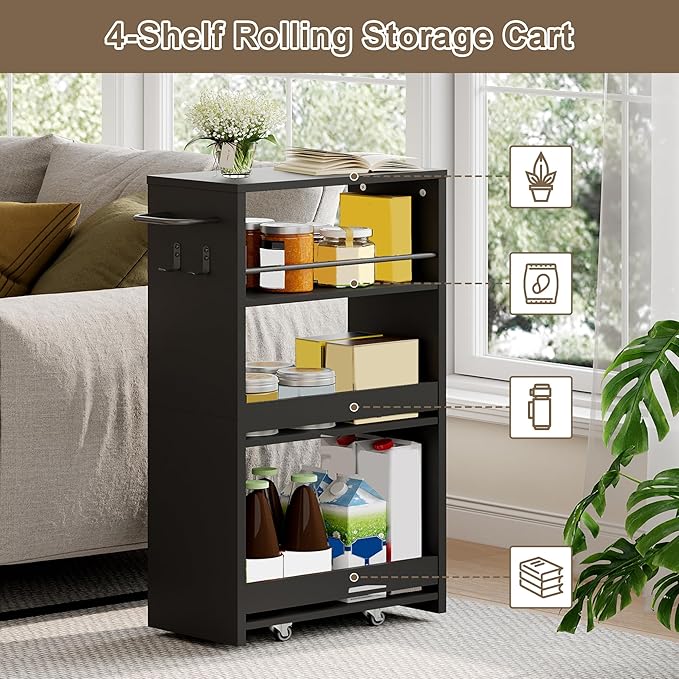 ChooChoo 4-Tier Slim Storage Cart, 7.87 inches Wide Narrow Storage Cabinet with 360° Wheels and 2 Hooks, Space-Saving Organizer for Kitchen, Narrow Places, Laundry Room, Black